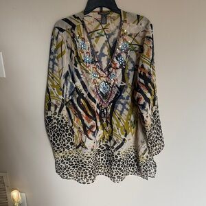 Embellished Multicolor V-Neck Tunic Top